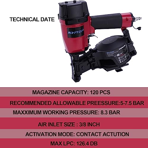 Image of Mexican Red CN45N Roofing Nailer, 15 Degree Roofing Nail Gun, 3 /4-Inch to 1-3 /4-Inch Coil Nails, 120-pcs Load Capacity Coil Nailer