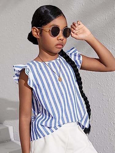 WDIRARA Girl's Striped Ruffle Trim Cap Sleeve Button Back Blouse Casual Top3
