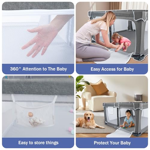 Image of Foldable Baby Playpen 59 inchx71 inch，Playpen for Babies and Toddlers with Mat，with Door，Indoor and Outdoor Baby Fence Play Area (Grey (Cationic Fabric) with Mat