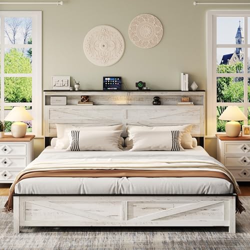 Farmhouse King Size Bed Frame with Headboard Storage Shelf Wood Platform Bed Frame with LED Lights & Charging Station Rustic White Metal Bed No Box Spring Needed Noise-Free Sturdy Structure