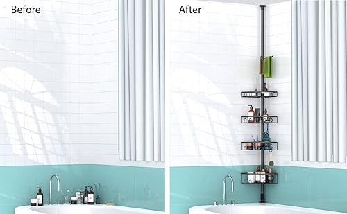 Kadolina Corner Shower Caddy Tension Pole, 4 Tier Shower Basket Shelves, 53-120 Inch Adjustable Height Shower Storage Rack, Bathroom Bathtub Shampoo Holder Organizer Shower Accessories (Black) #TOP7