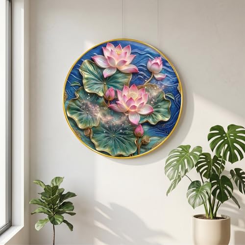 Image of SAF Lotus Flower Wall Painting Round PVC Golden Frame Spiritual Floral Wall Decor for Living Room Bedroom Office Modern Decorative Art Peaceful Home Gift Item (16 x 16 Inch) GRM-376