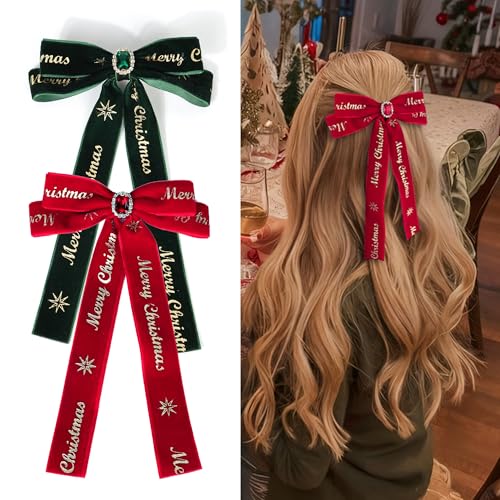 2 Pack Christmas Hair Bows for Women 5.4x9 Christmas Hair Accessory with Golden Lettering Diamond Velvet Bow (Red&Green)
