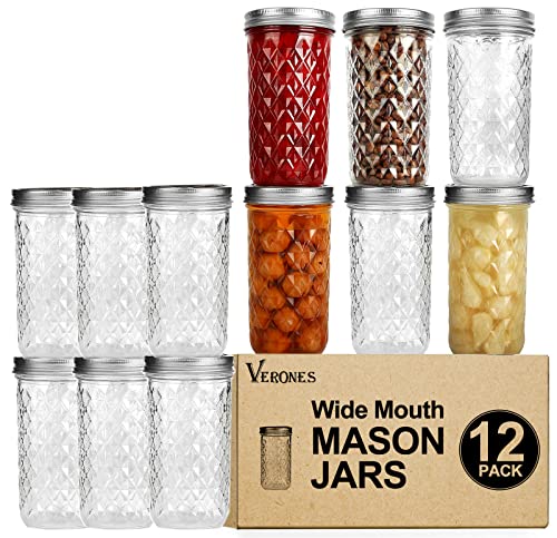 VERONES 12 Pack 22 oz Wide Mouth Mason Jars with Lids and Bands