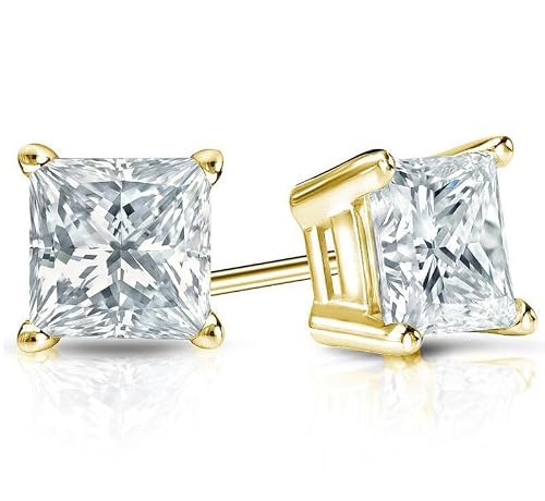 Samar Jewels 1.00 Ct Princess Cut Diamond Women's Solitaire Push Back Stud Earrings 925 Sterling Silver with 14k Yellow Gold Finish -  RFWD27