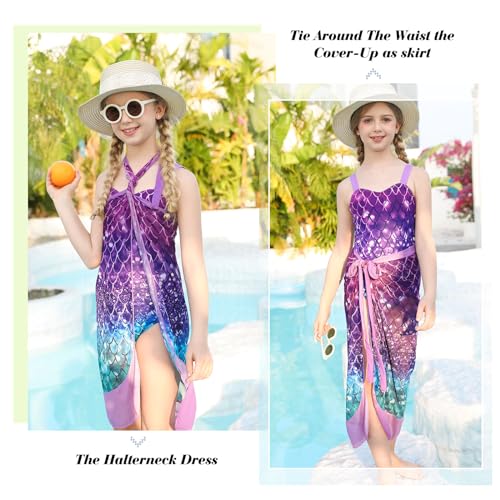 Image of UNIFACO Girls One Piece Swimsuit with Cover Up Skirt 2 Piece Bathing Suit Swimwear Sets 5-16T