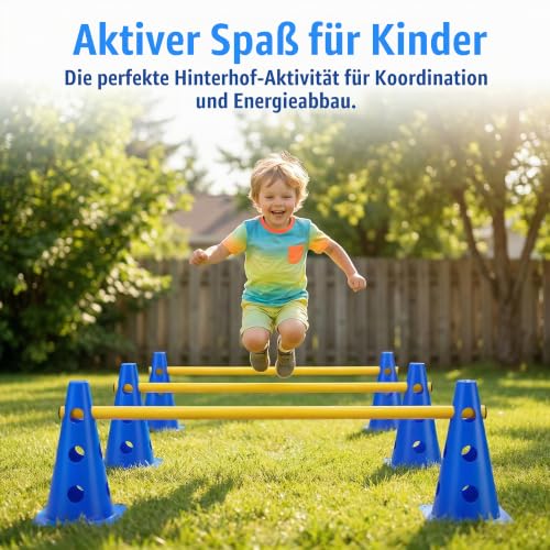 XEIYEI 6er Sports Steckhürdenset Cavaletti Agility Set Hunde Hürden Steckhürdenset 12 Kegel 32cm + 6 Stangen 80cm Agility Koordinationstraining Set für Kinder Hunde Teamsport Fussball