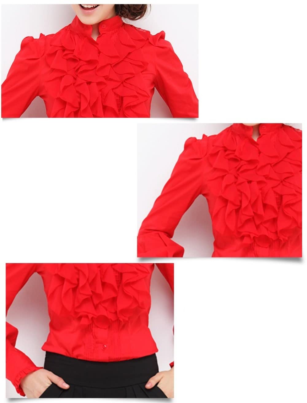 LITTLA Damen Bluse, Damen Hemd Arbeit Büro Bluse Elegante Weiße Chiffon Rüschen Stehkragen Hemden Tops Langarm Button-Down-Blusen Mode Tunika Tops Slim Plain Hemden Bluse