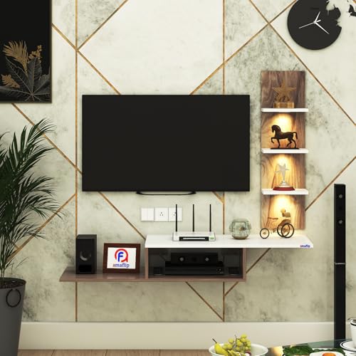 Image of Thomas Engineered Wood LED Light TV Unit Wall Mounted TV Unit Wall TV Stand TV Cabinet for Living Room, Set Top Box Stand - CoachWood /White (D.I.Y - Do-It-Yourself) Ideal for Up to 43 inch Inches