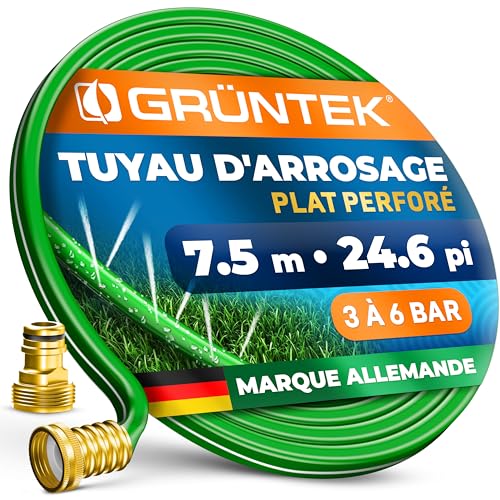 GRÜNTEK Tuyau d'arrosage perforé Arroseur à Pulvérisation fine pour Jardin et Gazon étroits et longs. Tuyau de 7.5 m avec raccords en laiton