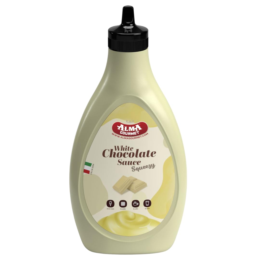 Alma Gourmet White Chocolate Topping Sauce Imported From Italy - Sweet Creamy White Chocolate Topping Ideal For Ice Cream, Waffles, Pancakes, Crepes, Pastries, Cakes, Overnight Oats, Drinks & Lattes - Convenient Squeeze Bottle - 17.6oz (500g)