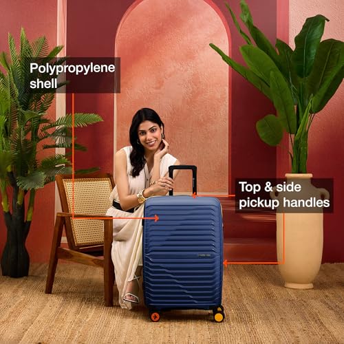 Image of Nasher Miles Cairo Hard-Sided Polypropylene Check-in Luggage 24 inch | 65cm | 8 Wheels Medium Trolley Bag for Travel | Suitcase (Navy Blue & Yellow)