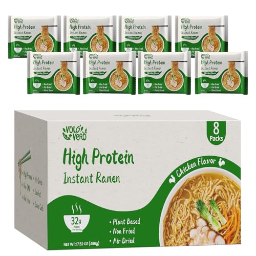 Image of VOLO VERO High Protein (32g) Instant Ramen Chicken Flavor Noodles Soup, Plant-Based, Air-Dried, Non-Fried, Low Carb, Egg-Free, Ready to Eat, Dairy Free Healthy Meal, 8 Pack