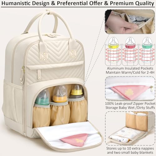 Image of Tenot Diaper Bag Backpack for Women with Changing Pad, Baby Bag with Insulated Pockets Multifunctional Diaper Bags For Baby Girl Boy Waterproof Baby Bags For Boys Girls Maternity Bag Beige