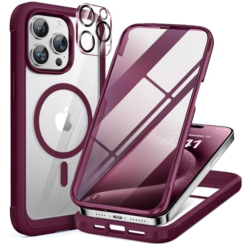 Image of Miracase Magnetic for iPhone 12 Pro Max Case [Compatible with MagSafe] Full-Body Phone case with Built-in Glass Screen Protector& Camera Protector, Military Drop Proof 12 Pro Max Cover, Wine Red