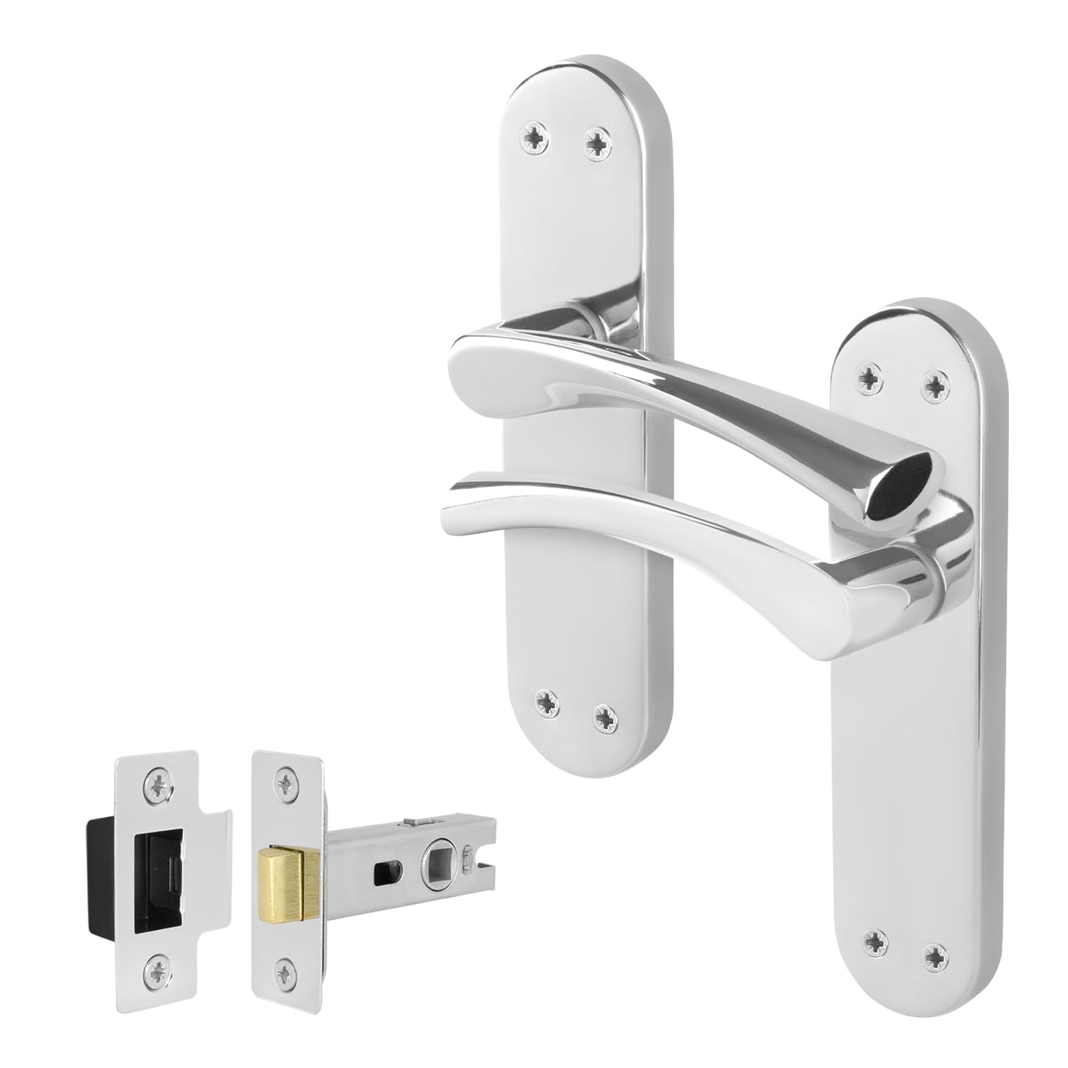 EAI Chrome Door Handle Latch Set, 1 Pair of Polished Chrome Internal Lever T-Bar Handles Backplate Latches 64mm - Novoli