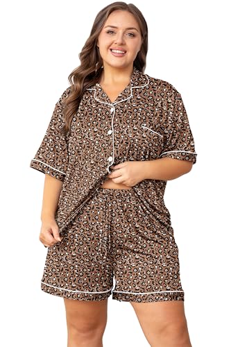 Image of Vozanet Women's Plus Size Button Down Pajamas Soft Lounge Sets Shorts with Pockets Bride Nighty Solid Soft Pjs 1x to 5x