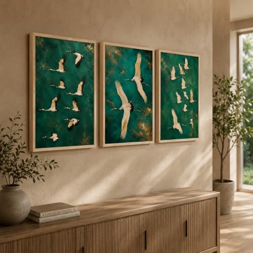 Image of Artify Set of 3 Flying Crane Birds Wall Painting for Living Room Bedroom Hall Office Decor, Premium Wooden Synthetic Frame Green Artwork Gift