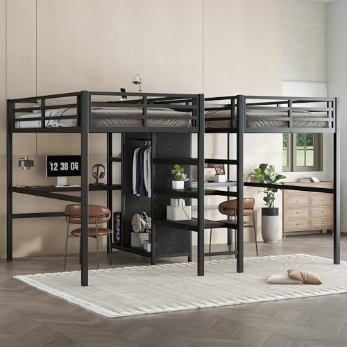 Bellemave Twin Over Twin Metal Loft Bed with Desk and Wardrobe for 2 Kids,Twin Size Heavy Duty Double Loft Bed Frame with Charging Station and Shelves for Boys,Girls,Adults,Black