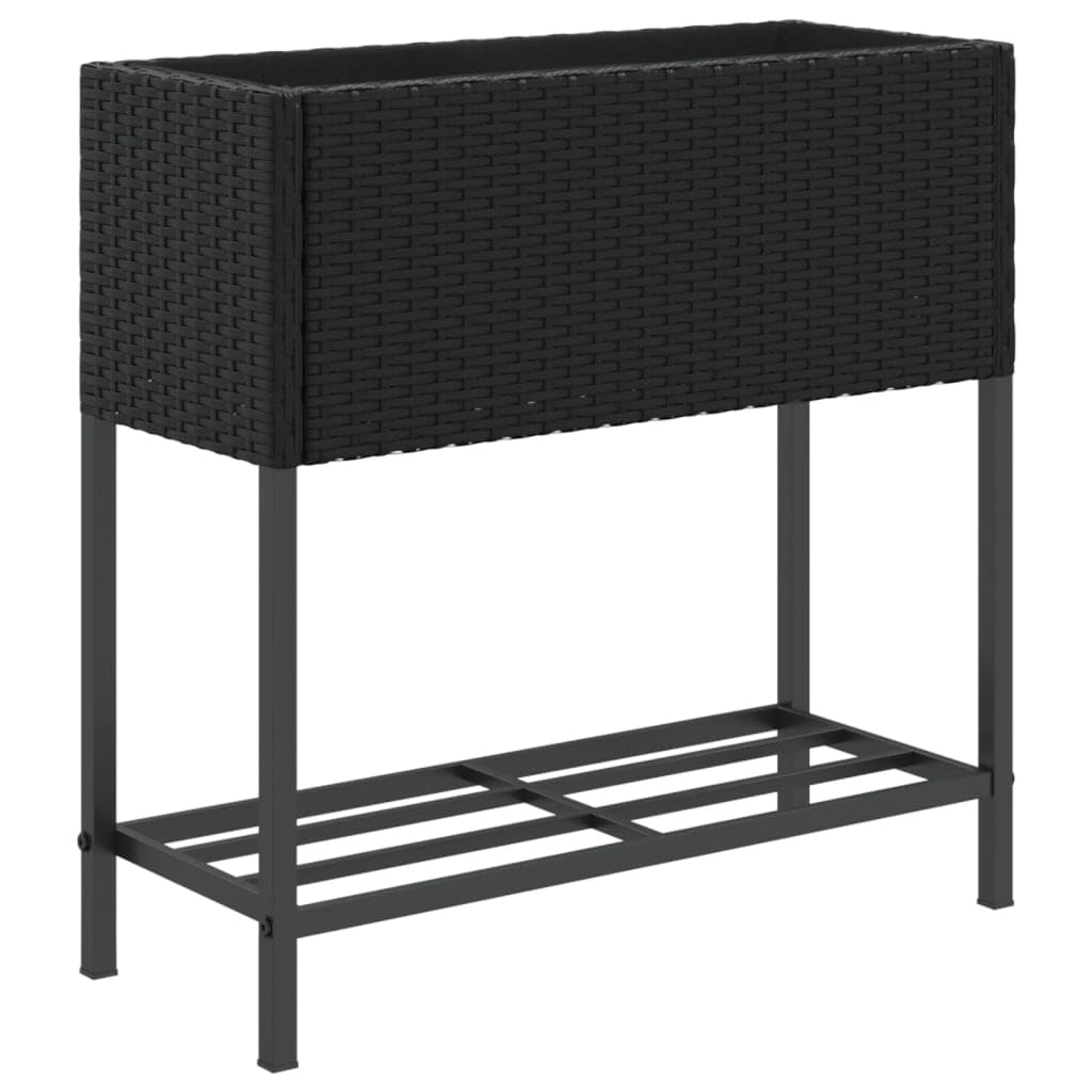 Vidaxl Black Garden Planter With Shelf, Plant Pot For Patio Balcony Terrace, Flower Pot For Flower Herb Plant, Outdoor Planter Box, Poly Rattan