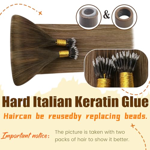 Ugeat Dark Brown Nano Hair Extensions Human Hair Balayage Medium Brown Nano Bead Hair Extensions Human Hair Balayage 14 Inch 50g 50s #2/6/2 - Image 3