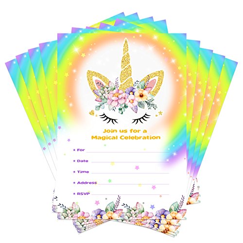 Aytai 20pcs Invitaciones de cumpleaños de Rainbow Unicorn con sobres y Thank You Stickers,...