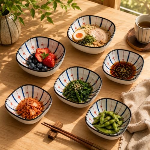 Image of YELONA Japanese Ceramic Bowl Set of 6 | 200ml Blue Floral Porcelain Elegant Serving Bowl for Rice, Soup, Snacks & Dessert | Ceramic Dinner Set for Gifting - (Sakura Burst)