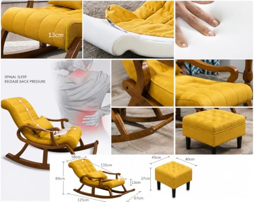 Image of Solid Sheesham Wood Rocking Chair with Ottoman | Velvet Upholstered Relaxing Chair for Living Room | Comfortable Single Seater Arm Chair with Footrest & Cushion | Yellow | Pre-Assembled