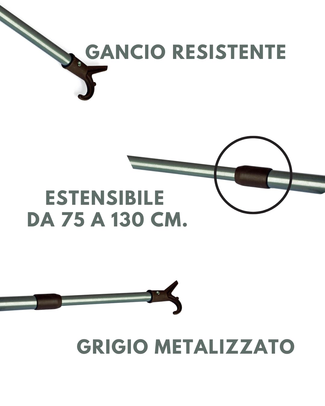 Bastone appendiabiti telescopico - grigio - Bastone Prendiabiti estensibile da 75 a 130 cm