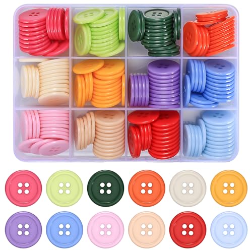 180 peças botões de mistura cores, resina para trabalhos manuais, 20 mm redondos com 4 orifícios para coser DIY artes calças roupa decoração, 12 cores