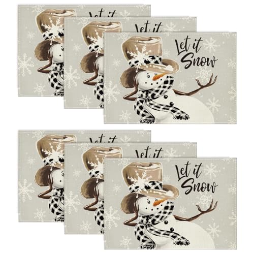 Artoid Mode Grey Snowman Snowflakes Christmas Placemats Set of 6, 30 x 45cm Seasonal Winter Xmas Holiday Vintage Washable Table Mats