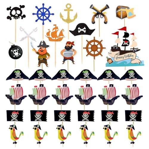 QFEHTHSK 37 Piezas De Adornos para Tartas con Temática Pirata, Adornos para Tartas De Feliz Cumpleaños, Adornos para Magdalenas, Adornos para Muffins Piratas para Cumpleaños, Fiestas De Disfraces