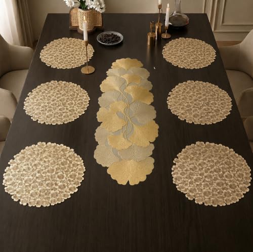 Image of Dakshya Industries Dining Table Mats Round PVC Set | 6 Waterproof Placemats (38 x 38 cm) + 1 Table Runner (91 x 33 cm) | Heat Resistant, Kitchen Decor (Vivanta)