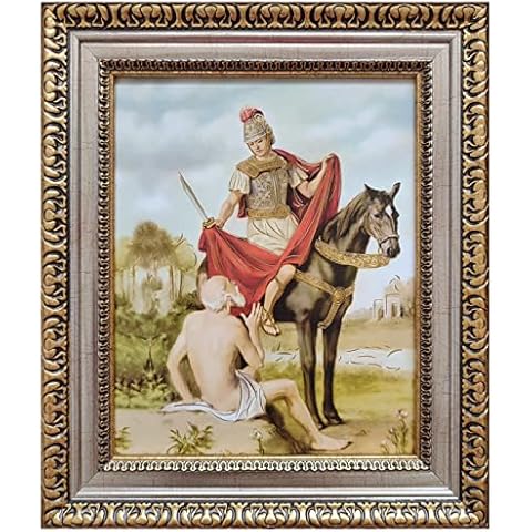 Saint Martin of Tours Framed Print (Cuadro de San Martin Caballero) 11x13 inch with Golden and Silver Plated Finish Catholic Religious Wall Art Decoration Cover