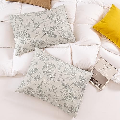 Image of ECOCOTT 2 Pack Pillowcase Standard Size with Green Botanical Plant Leaves Pattern Pillow Cases Set, 100% Cotton Standard Pillow Covers Envelope Closure (Standard, 20 inchx26 inch)