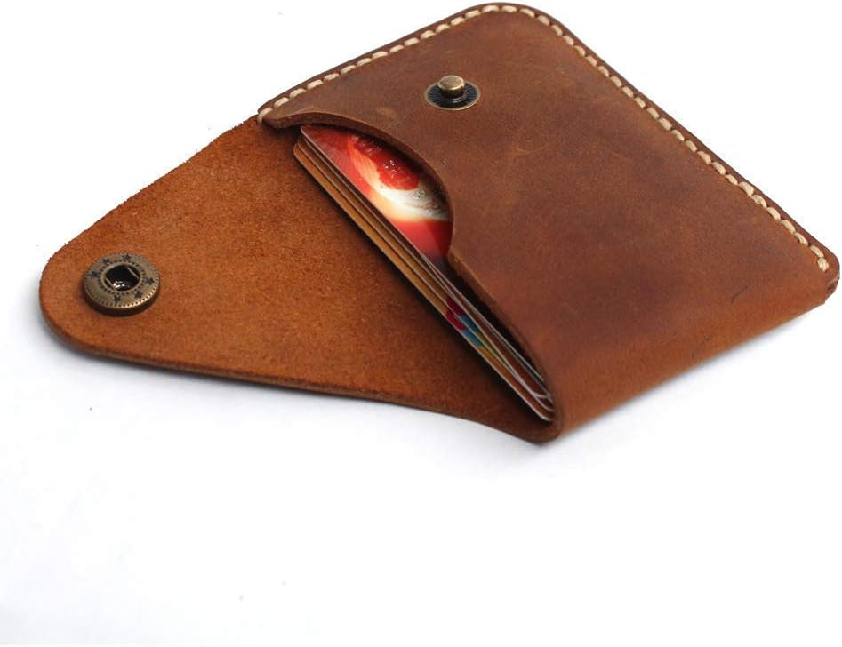 Handmade Genuine Leather Card Holder with Snap Closure - Ultra Slim Minimalist Wallet, Hand-Stitched Compact Front Pocket Card Case for Men & Women (Brown)