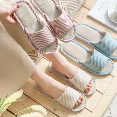 Premium Comfort All Seasons Stripes Linen Cushion Sole Women's House Slippers Indoor Soft Home Slip On Shoes2