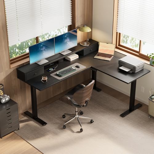 Image of Casaottima 59 Inch Electric L-Shaped Standing Desk with Drawers, Height Adjustable Stand Up Corner Desk with Monitor Stand, Lift Table for Home, Office, Workstation, Black