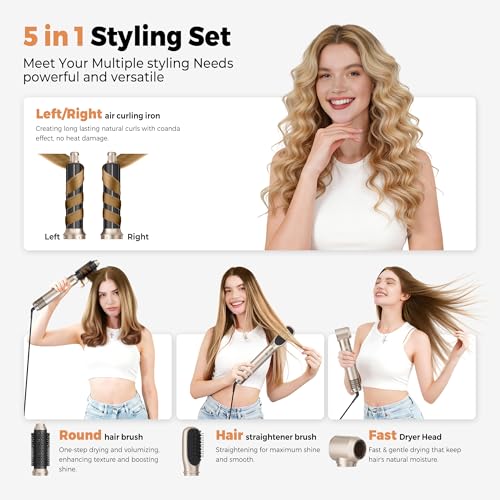 Image of 5 in ONE Hair Dryer Brush, Blow Dryer Curling Wand Hair Styling Tools Set, Ionic Hot Air Brush Round Brush Blow Dryer, Left&Right Styler 100-120V