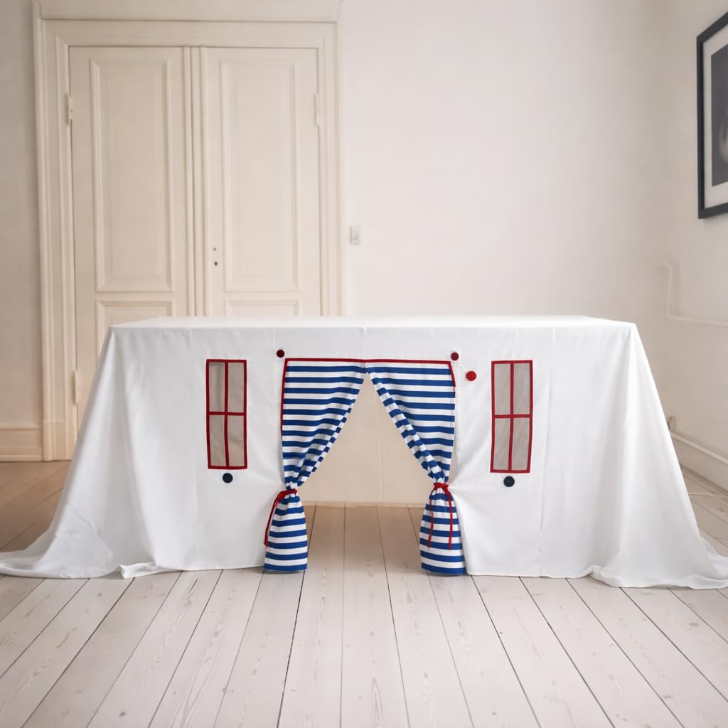 Genérico Mantel Decorativo Ventanas, Mantel Cumpleaños, Mantel Tipi Fiesta, Poliester, Diseño caída al Suelo con Puerta y Ventanas, Familias, 1pz 340x239 cm Mesa 6-8 Pax (Azul)