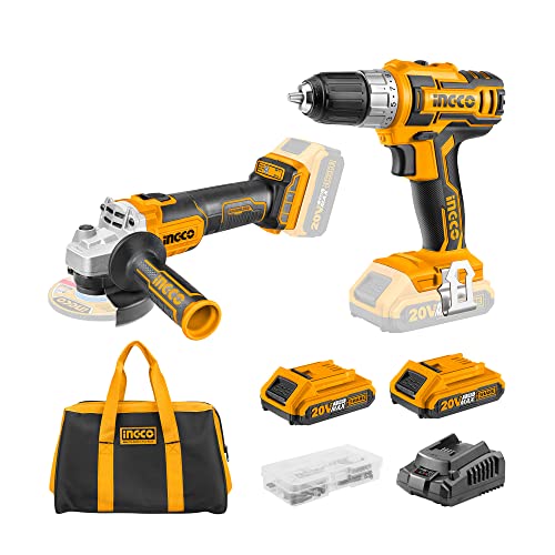 INGCO 20V Kit Inalámbrico Taladro Atornillador y Amoladora de Ángulo de disco 115 mm con 2x2.0Ah Baterías CDLI2002+CAGLI201158