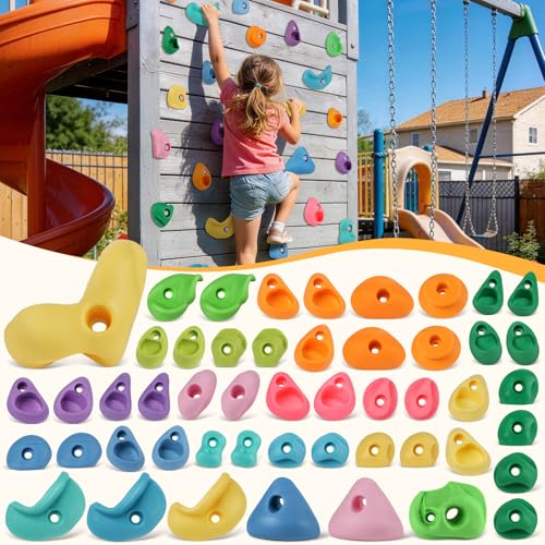 Image of 50 PCS Rock Climbing Wall for Kids,Rock Wall Climbing Holds,Adults Climbing Wall Grip Kits Holds Up to 230 lbs for Outdoor Indoor Home Playground Climbing Holds（Pastel Color）