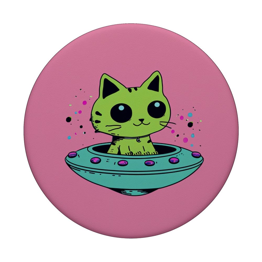 Cat Alien Kitty Spaceship Cat Mom Dad PopSockets Swappable PopGrip, Black - Image 3