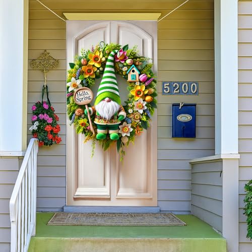 Image of Hello Spring Gnome Door Cover 35x71in Green Daffodil