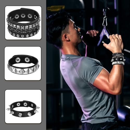 Punk Rock Studded Bracelet Set, Spiked Leather Cuff Bracelets for Women Men 80s, Gothic Adjustable Wristband Emo Accessories3