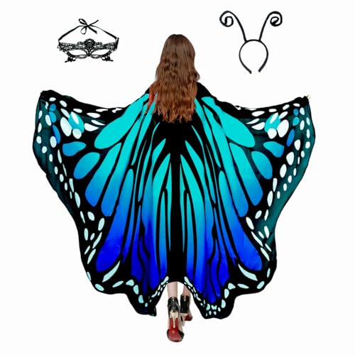 Deluxe Poodle Dog Mask Halloween Costumes for Women Adult Butterfly Costumes Wing Cape Shawl 3Pcs (Green & Blue)