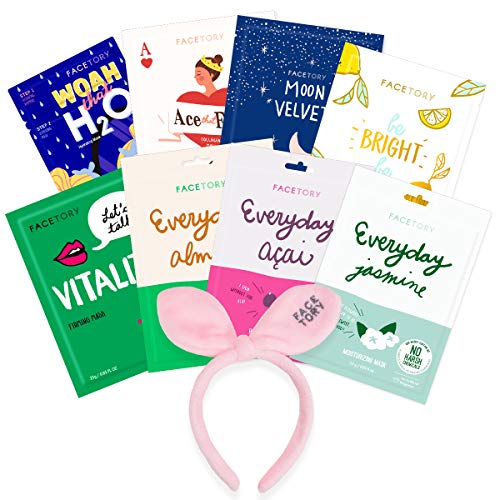 FaceTory Dry Skin Type Sheet Mask Collection- Bow Bunny with 8 Facial Sheet Masks for Moisturizing, Hydrating, Smoothing, Replenishing