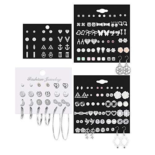 SAILIMUE 84 Pairs Assorted Multiple Stud Earrings Hoop Set Dangle Cute Hypoallergenic CZ Bow Butterfly Flower Leaf Ball Simple Drop Earrings Stud for Women Pack Silver2