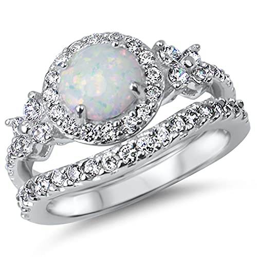 LaRaso & Co His Hers TRIO Wedding Set Titanium Band Sterling Silver White Opal Bridal Engagement Ring Set Him Her4