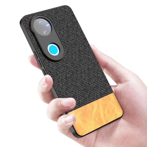 Image of Kapa Soft Fabric & Leather Hybrid Protective Back Cover for Vivo T4R / V50 / V50E 5G | Shockproof Slim Hard Anti Slip Back Case (Black,Brown)